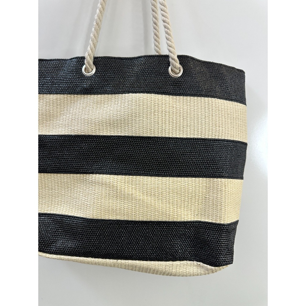 NEW Chico's Black Neutral Striped Woven Straw Beach Tote Bag Rope Handles Resort - Picture 10 of 11